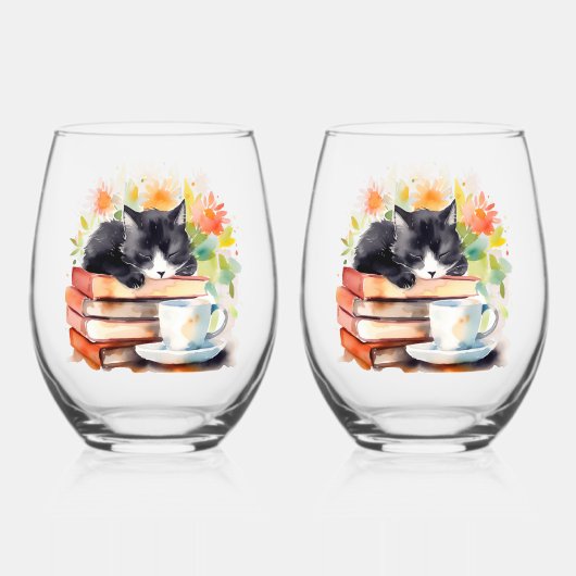 水リラックス色のコージー猫 ステムなしワイングラス (正面)