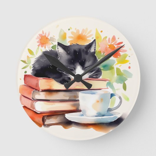 水リラックス色のコージー猫 ラウンド壁時計 (正面)