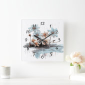 水上に浮かぶ丸太の青い花 スクエア壁時計 (ホーム)