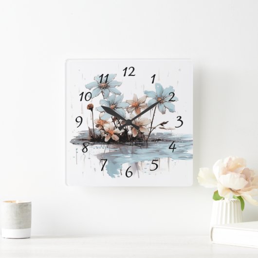 水上に浮かぶ丸太の青い花 スクエア壁時計 (ホーム)