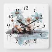 水上に浮かぶ丸太の青い花 スクエア壁時計 (正面)