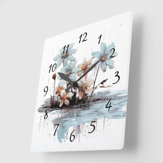 水上に浮かぶ丸太の青い花 スクエア壁時計 (傾斜)