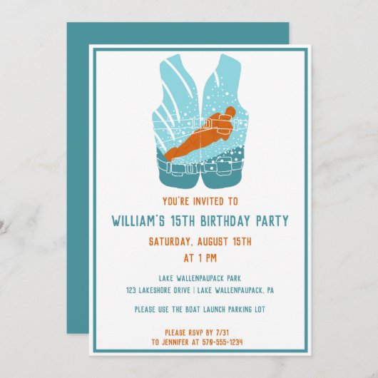 水上スキーをテーマにしたウォータースキーアグラフィックカスタム 招待状 (正面/裏面)