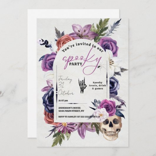水不気味色フラワーハロウィーン招待状 招待状 (正面/裏面)
