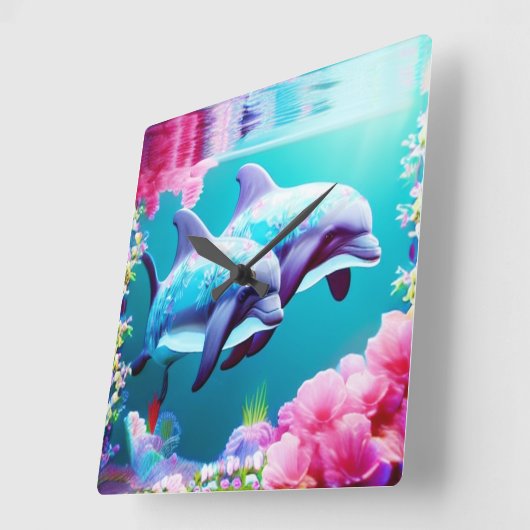 水中お洒落のイルカとフローラ スクエア壁時計 (傾斜)