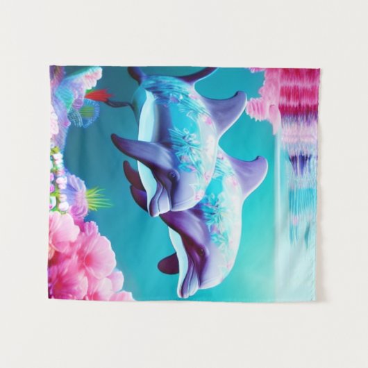 水中お洒落のイルカとフローラ タペストリー (正面(横))