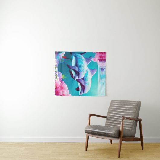 水中お洒落のイルカとフローラ タペストリー (インサイチュ(横))