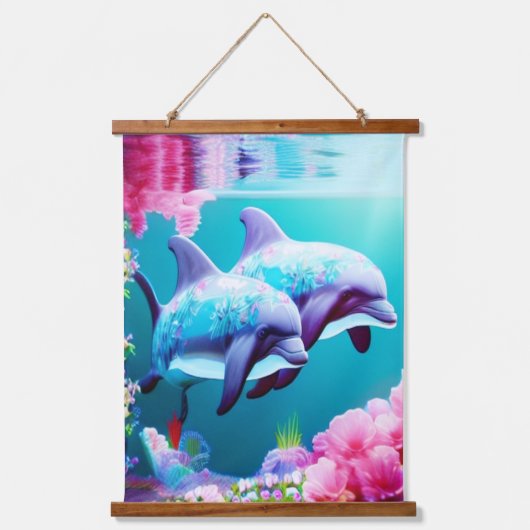 水中お洒落のイルカとフローラ 吊り下げ型タペストリー (正面)