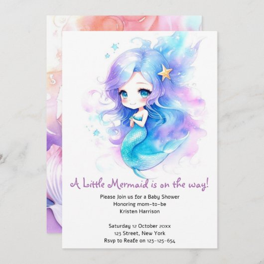 水中お洒落人魚の赤ちゃんシャワー 招待状 (正面/裏面)