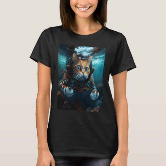 水中でゲームをする猫 Tシャツ (正面)