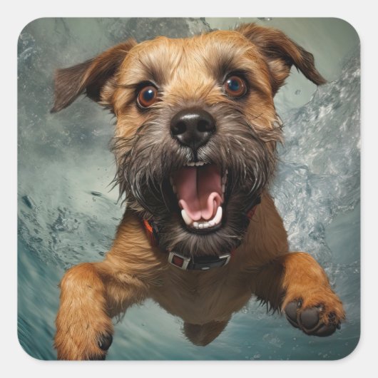 水中で泳ぐ愛らしい犬のデザイン スクエアシール (正面)
