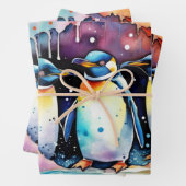 水中で泳ぐ水色ペンギン ラッピングペーパーシート (インサイチュ)