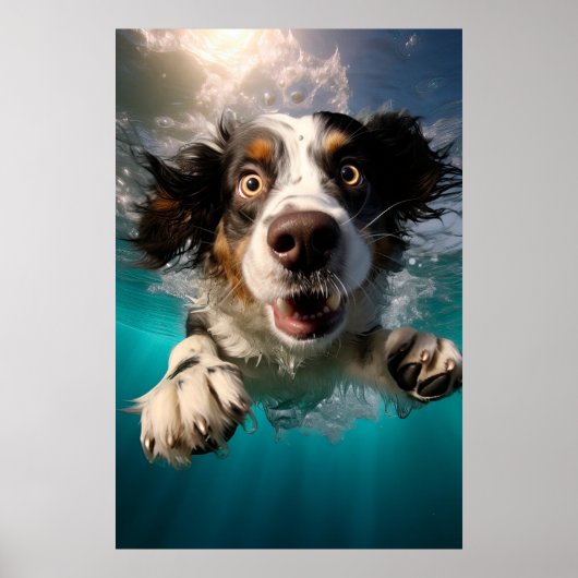 水中で泳ぐ興奮した犬のデザイン ポスター (正面)
