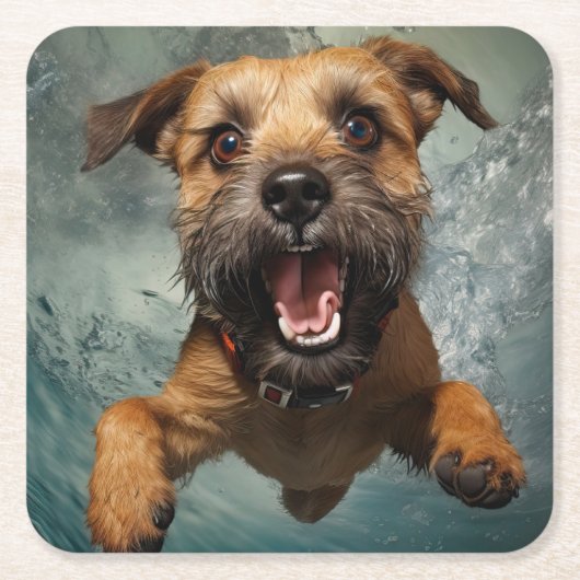 水中で泳ぐ遊び心のある犬のデザイン スクエアペーパーコースター (正面)