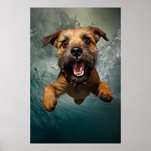 水中で泳ぐ遊び心のある犬のデザイン ポスター (正面)