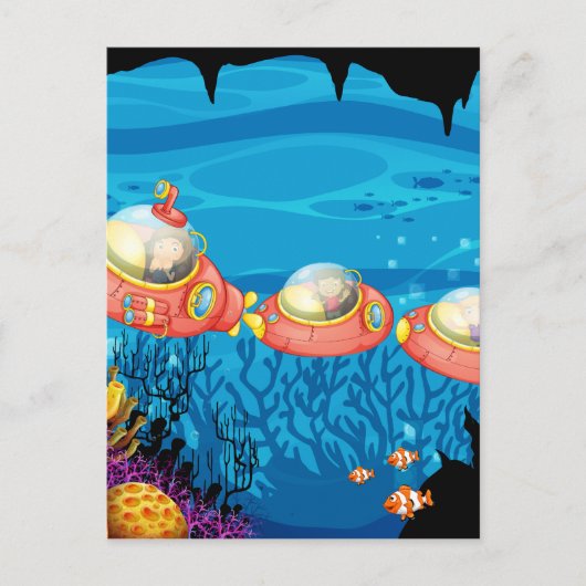 水中で潜水艦に乗る子供たち ポストカード (正面)