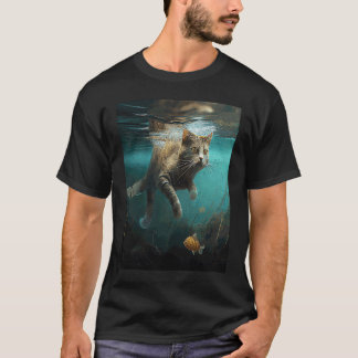 水中で釣りをする猫 Tシャツ