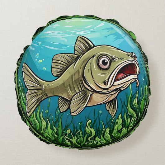 水中で魚を捕らえる ラウンドクッション (正面)