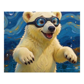 水中のホッキョクグマの赤ちゃん - 泡だらけで楽しそう フォトプリント