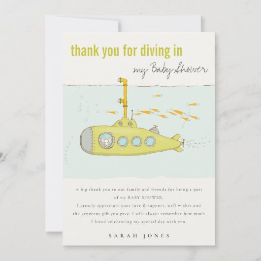 水中の潜水艦の赤ちゃんシャワーでかわいいダイビング サンキューカード (正面)