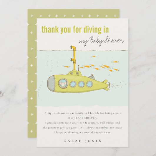 水中の潜水艦の赤ちゃんシャワーでかわいいダイビング サンキューカード (正面/裏面)