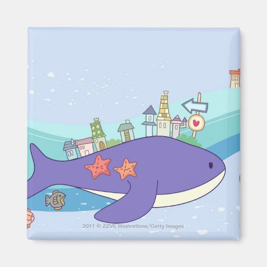 水中の町で泳ぐ魚の群れ マグネット (正面)