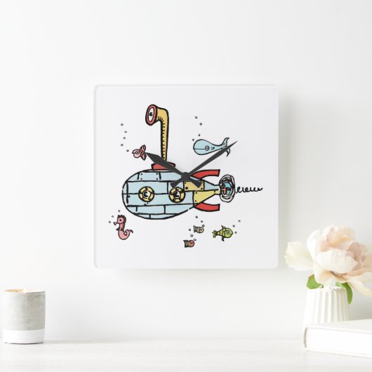 水中の航海のかわいい潜水艦 スクエア壁時計 (ホーム)