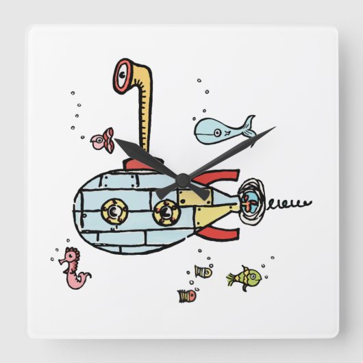 水中の航海のかわいい潜水艦 スクエア壁時計 (正面)