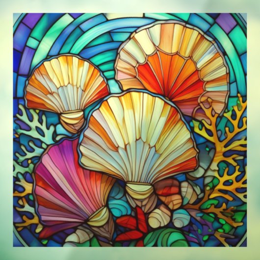 水中の貝殻とサンゴのステンドグラスの芸術 ウィンドウサイン (シート3)