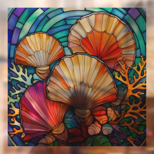 水中の貝殻とサンゴのステンドグラスの芸術 ウィンドウサイン (シート2)
