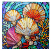 水中の貝殻とサンゴのステンドグラスの芸術 タイル (正面)