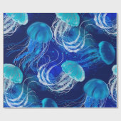 水中を泳ぐ多くの青いクラゲ。シームルズ ラッピングペーパー (フラット)