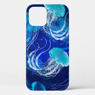 水中を泳ぐ多くの青いクラゲ。シームルズ iPhone 12ケース
