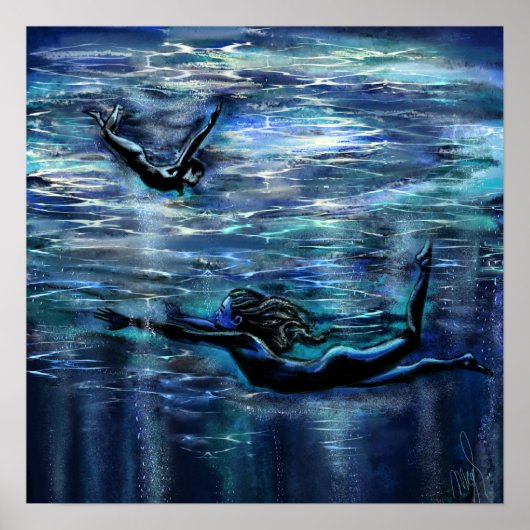 水中を泳ぐ女性 ポスター 印刷 絵画 (正面)