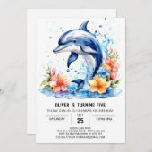 水中アドベンチャー かわいいイルカの誕生日 招待状 (正面/裏面)