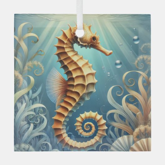 水中エレガントを泳ぐ海馬 ガラスオーナメント (正面)