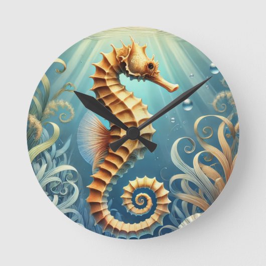 水中エレガントを泳ぐ海馬 ラウンド壁時計 (正面)