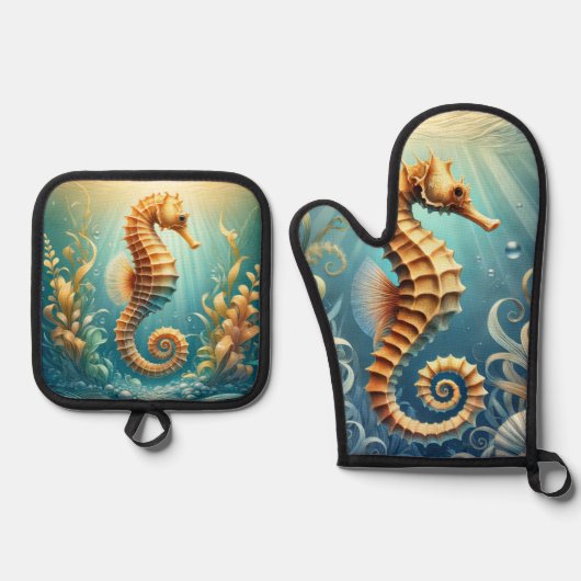 水中エレガントを泳ぐ海馬 鍋つかみ&鍋敷きセット (正面)