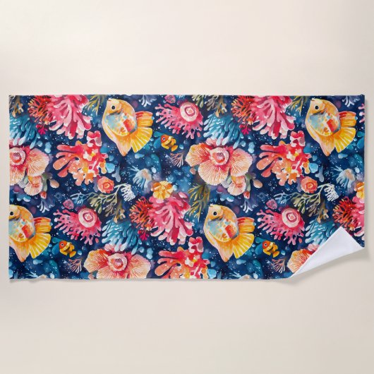 水中カラフル海生活海 ビーチタオル (正面)