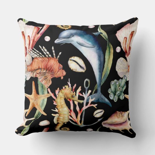 水中カラフル航海の海の動物LIfeブラック クッション (正面)