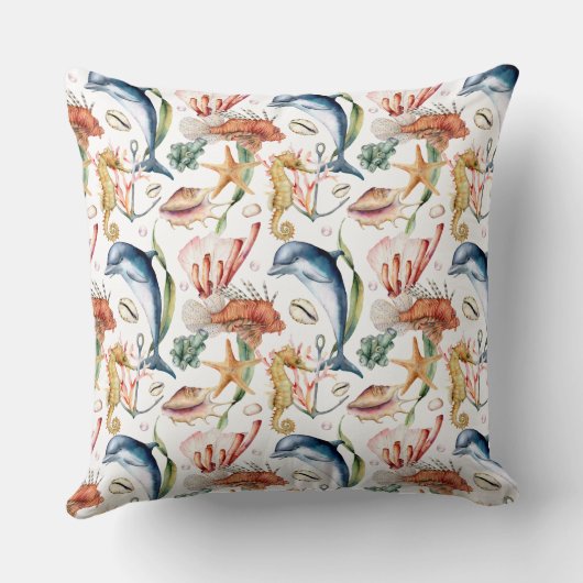 水中カラフル航海の海の動物LIfeホワイト クッション (裏面)