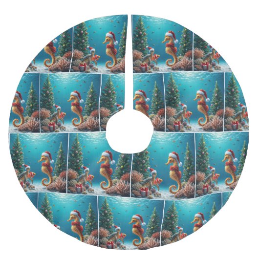 水中クリスマスシーホースとウミガメ ブラッシュドポリエステルツリースカート (正面)