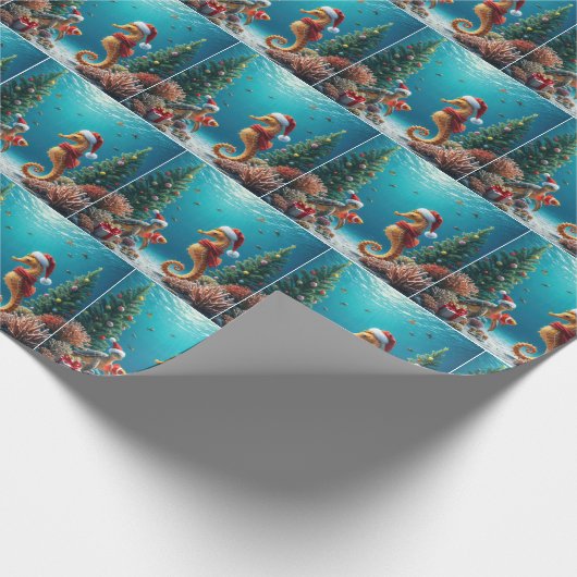 水中クリスマスシーホースとウミガメ ラッピングペーパー (角)