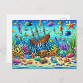 水中コーラルリーフ、海洋生物と宝箱 ポストカード (正面/裏面)
