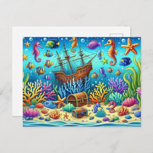 水中コーラルリーフ、海洋生物と宝箱 ポストカード (正面/裏面)