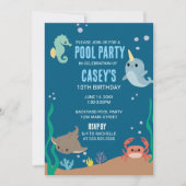 水中シーアニマルズプールパーティー誕生日 招待状 (正面)