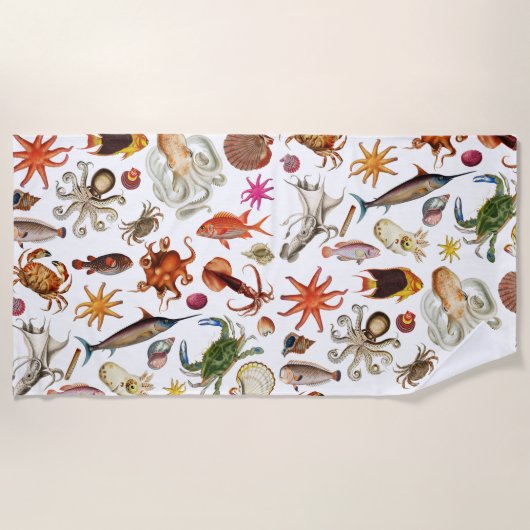水中シーライフイラストレーションパターン ビーチタオル (正面)