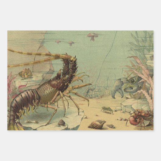 水中シーライフエビ、ヴィンテージ海動物 ラッピングペーパーシート (正面)