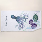 水中タコ魚のシーンの青の色合い ビーチタオル (正面)