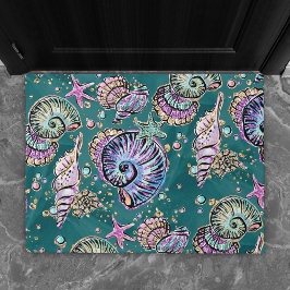 水中ティール（緑がかった色）リュックス |グリーンパステル金ゴールドシーシェル ドアマット